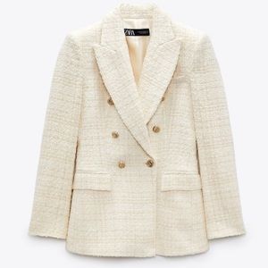 Zara Textured Double Breasted Off-White Beige Blazer | EUR L US L